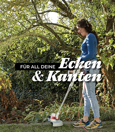 Trimmer mitt Faden und Spule und eine Frau die Rasenkannten trimmt